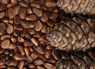 Obraz premium Pine cone on the background of pine nuts, healthy and healthy food, pine nuts, top view