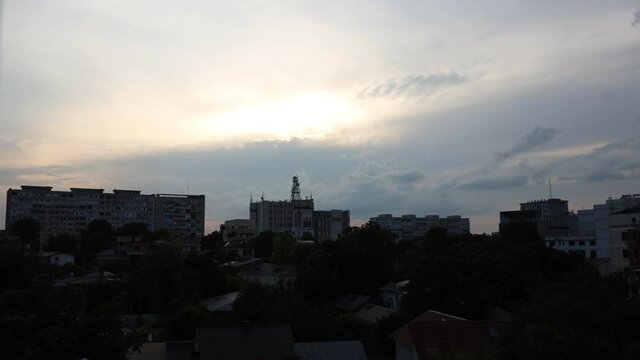 Timelapse Of Dusk To Night In The City Of Galati In Romania. - wide shot