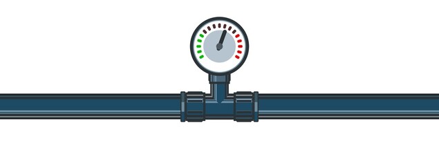 Pressure gauge for measurement. Water fittings. Pipeline for various purposes. Illustration isolated on background vector - obrazy, fototapety, plakaty