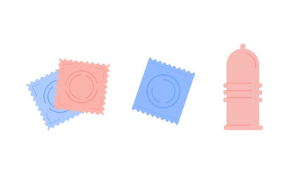Set of male condoms colored flat style icons. Contraception, birth control, HIV and AIDS prevention concept. Contraceptive birth control methods. Vector element isolated on white.