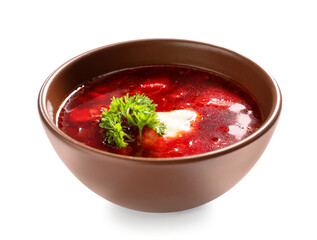 Bowl of tasty borscht with sour cream on white background