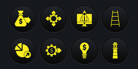 Set Financial growth, Stair with finish flag, Gear dollar, Light bulb, Startup project concept, Project team base, Lighthouse and Money bag icon. Vector