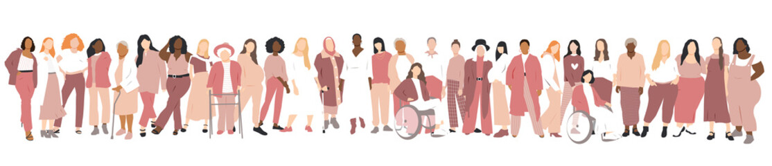 Obraz premium Women of different ethnicities stand side by side together. Flat vector illustration.