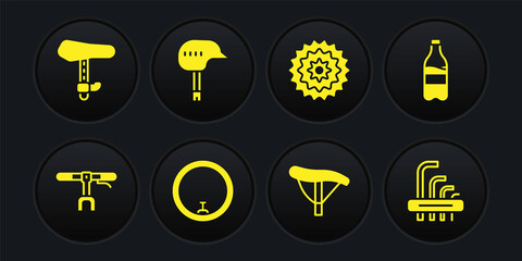 Set Bicycle handlebar, Sport bottle with water, wheel, seat, cassette, helmet, Tool allen keys and icon. Vector
