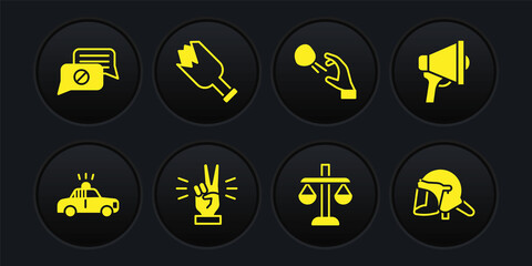 Set Police car and flasher, Megaphone, Hand showing two finger, Scales of justice, Hooligan shooting stones, Broken bottle weapon, helmet and Speech bubble chat icon. Vector