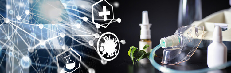 Inhalation with nebulizer at home. Asthma inhaler inhalation nebulizer steam sick cough concept flu and asthma bronchitis virus healing.