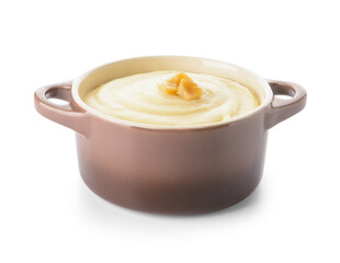 Cooking pot of tasty mashed potatoes with garlic on white background