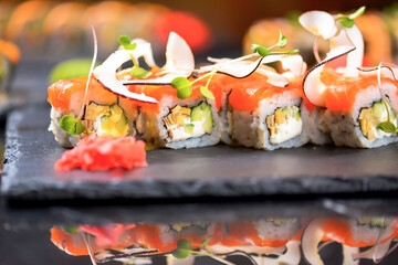 Philadelphia Maki Sushi set with salmon, passion fruit sauce and coconut chips on top. Sushi menu. Japanese food.