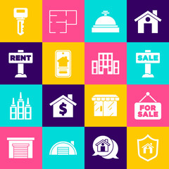 Set House with shield, Hanging sign For Sale, Hotel service bell, Online real estate house, Rent, key and icon. Vector