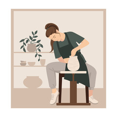 Potter girl. A woman sculpts a clay vase behind a potter's wheel. Vector illustration of a sculptor. The artist creates a ceramic. DIY craft.