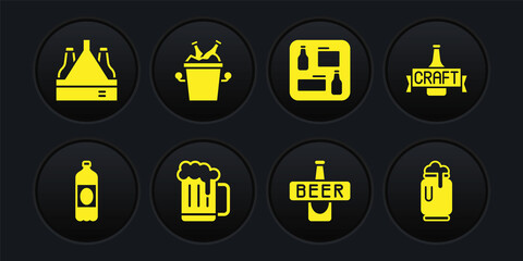 Set Plastic beer bottle, Beer, Wooden mug, menu, bottles in ice bucket, can with foam and Pack of icon. Vector