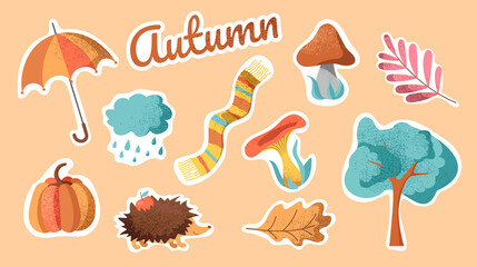 autumn set in the form of stickers with a rough texture of elements: hedgehog, umbrella, cloud, mushrooms, pumpkin, tree, scarf. Illustration in bright autumn colors. Elements for design