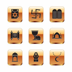 Set Jewish calendar, Muslim Mosque, Hands in praying position, Holy grail or chalice, Decree, paper, parchment, scroll, The commandments, Star crescent chain and Hindu swastika icon. Vector