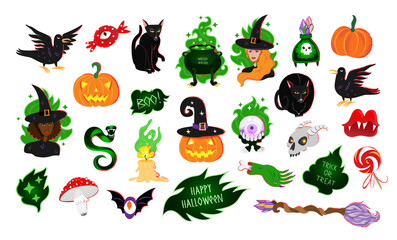 Set of vector illustrations of Halloween. Halloween icon collection in cartoon style. Clipart isolated on white.