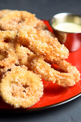 Golden onion rings and sauce in a saucepan served on a red plate. Over dark black background.