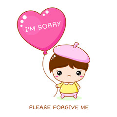Apologize card. Sadness kawaii little boy with red heart shaped balloon