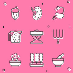 Set Acorn, oak nut, seed, Seed, Sprout, Measuring cup, Sifting flour, Garden pitchfork, Seeds bowl and Wheat icon. Vector