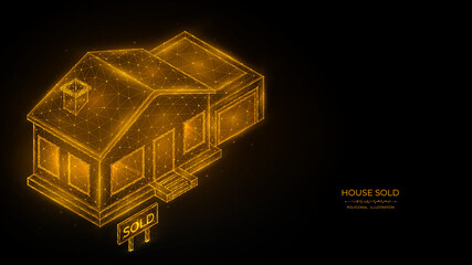 The house is sold. Real estate concept. Polygonal illustration of a house with a garage on a black background.