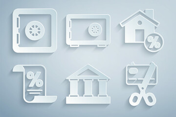 Set Bank building, House with percant discount, Finance document, Scissors cutting credit card, Safe and icon. Vector