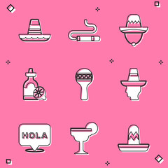 Set Mexican sombrero, Cigar, Tequila bottle with lemon, Maracas, man, Hola and Margarita cocktail icon. Vector