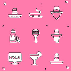Set Mexican sombrero, Cigar, Tequila bottle with lemon, Maracas, man, Hola and Margarita cocktail icon. Vector © vector_v