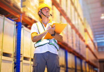 Asian Warehouse Worker Holding Clipboard His Doing Inventory Management at Storage Warehouse. Check Stock on Tall Shelves.