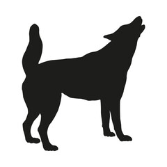 Black dog silhouette. Standing and barking siberian husky. Pet animals. Isolated on a white background.