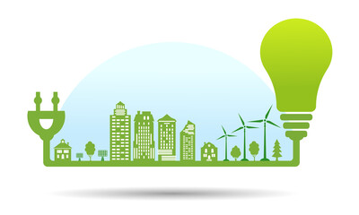 Obraz premium Silhouette green city with renewable energy sources. Ecological city under the dome of blue sky. Concept of electric bulb for save energy.