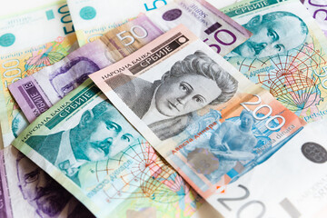 Serbian dinars banknotes. Currency cash money