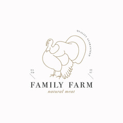 Fototapeta premium Vector design linear template logo or emblem - farm turkey. Abstract symbol for meat shop or butchery.