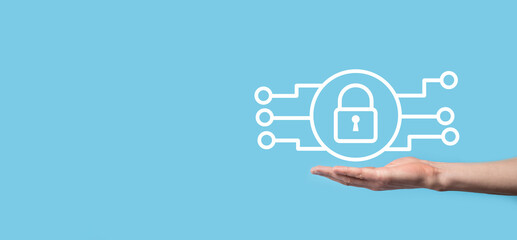 Fototapeta premium Cyber security network. Padlock icon and internet technology networking. Businessman protecting data personal information on tablet and virtual interface. Data protection privacy concept. GDPR. EU