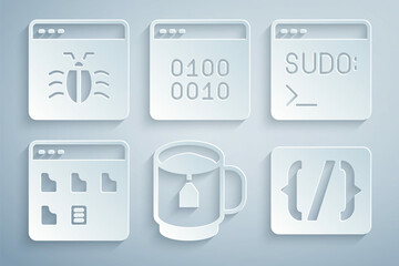 Set Cup of tea with tea bag, Code terminal, Browser files, Programming language syntax, Binary code and System bug icon. Vector