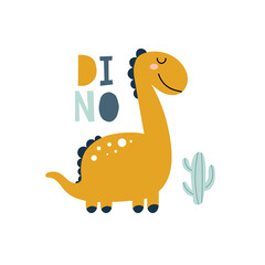 Smiling yellow dinosaur and text