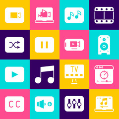 Set Laptop with music, Online play video, Stereo speaker, Music note, tone, Pause button, Arrow shuffle, Play and icon. Vector