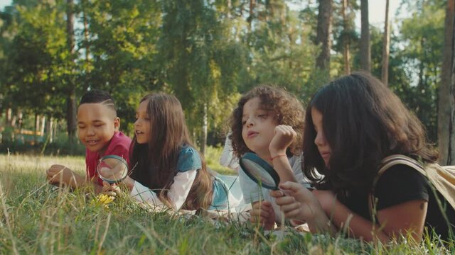 Group of cheerful multinational diverse school chidren lying on front outdoors at sunrise, talking, using magnifying glasses, discussing nature objects during elementary school biology classes