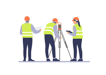 Engineers with equipment on the construction site. Vector illustration. - obrazy, fototapety, plakaty
