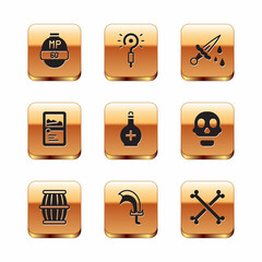 Set Video game bar, Gun powder barrel, Sword for, Bottle with potion, Card collection, blood, Crossed human bones and Magic wand icon. Vector