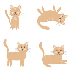 Set of cats in different poses vector illustration. Pet simple hand drawn image. The animal sits, sleeps, walks and dies.