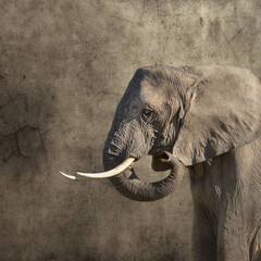 African elephant, monochrome side view against textured background. Retro style with space for text.
