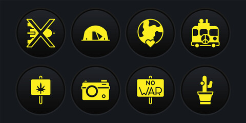 Set Marijuana, Hippie camper van, Photo camera, No war, The heart world - love, Tourist tent, Cactus and icon. Vector