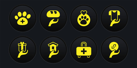 Set Give gift, Clothes donation, Shelter for homeless, First aid kit, Heart with animals footprint, Donation food, and charity and Veterinary clinic icon. Vector
