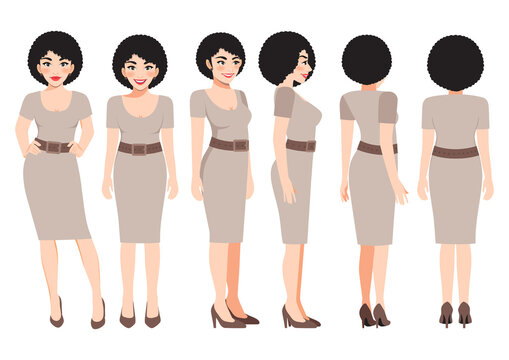 Cartoon character with business woman in khaki color dress for animation. Front, side, back, 3-4 view character. Flat vector illustration