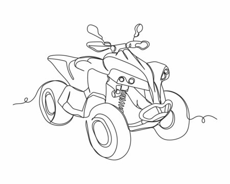 Continuous one line drawing of quad bike in silhouette on a white background. Linear stylized.Minimalist.
