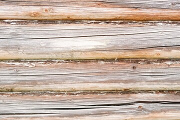 wooden background, the wall is made of old wooden logs with cracks, gray-brown color