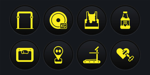 Set Bathroom scales, Vitamins, Location gym, Treadmill machine, Sweaty sleeveless t-shirt, Weight plate, Dumbbell with heart and Sport horizontal bar icon. Vector