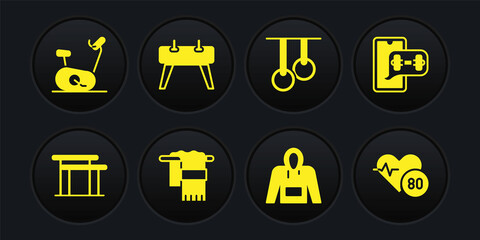 Set Uneven bars, Fitness app, Towel on hanger, Hoodie, Gymnastic rings, Pommel horse, Heart rate and Stationary bicycle icon. Vector