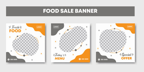 Social media post template for food promotion banner frame. Set of editable social media templates for promotion on the food menu. Orange, grey and white background color with stripe line shape
