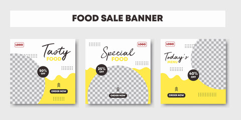 Social media post for food promotion offer poster. Healthy food social media post template design. Yellow and white background color for food business and food promotional banner. Vector illustration