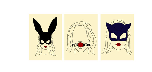 Collection of sexy minimalist masks women portraits in bdsm style on colored background