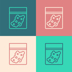 Pop art line Plastic bag of medicinal cannabis icon isolated on color background. Health danger. Vector Illustration